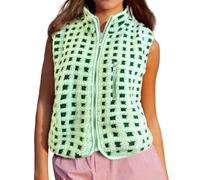 Psdndeww Chaleco a cuadros para mujer, sin mangas, cuello de invierno, chaleco con cremallera y bolsillo en pecho, chaleco para mujer, chaleco de invierno con cremallera para mujer