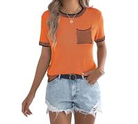 Psdndeww Suéter de Punto acrílico para Mujer, Camisa de Manga Corta, diseño a Rayas, Bolsillo Funcional, Informal, Ajuste Holgado, Top de Punto a Rayas