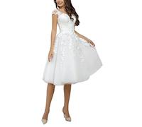 PSFVHHQI Vestido de Novia Scoop Femenino Vestido de Novia sin Mangas Encaje Aplicación Vestido de Novia Vestido de Novia Corto Vestido de Novia, Blanco, 40