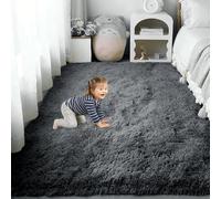PSHCEE Alfombra Salon 50 x 60 cm Pelo Largo Antideslizante Alfombra Grande Habitacion Lavables y para Salón, Habitación de Los Niños, Dormitorio, Gris Oscuro
