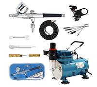 Psipro Compresor de aerógrafo de 1/5HP con gravedad de doble acción y soporte para aerógrafo cepillo de limpieza y manguera de 6 pies para pintura de modelos