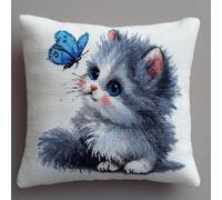 Pskgbxmu Kit Punto de Cruz Impreso Cojines Funda De Almohada Bordada A Mano, Kit De Funda De Cojín De Lona DIY De Cojines Bordados Gato mariposa 45x45 cm