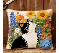 Pskgbxmu Punto De Cruz Kit Cojin 11Ct Decorativo Manualidades Adultos Decoracion Bordar Kit Completo Gato floral DIY Bordado Creativo Regalo 45x45cm