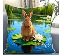 Pskgbxmu Punto De Cruz Kit Cojin 11Ct Decorativo Manualidades Adultos Decoracion Bordar Kit Completo DIY Bordado Creativo Regalo Conejo sobre una hoja de loto 45x45cm
