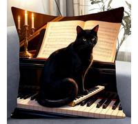 Pskgbxmu Punto De Cruz Kit Cojin 11Ct Decorativo Manualidades Adultos Decoracion Bordar Kit Gato tocando el piano Completo DIY Bordado Creativo Regalo 45x45cm