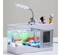Pssopp Acuario de Escritorio USB LED con Bolígrafo Multifuncional para Pecera, Contenedor con Pantalla LCD, Caja de Almacenamiento de Reloj para Decoración de Hogar y Oficina (White)