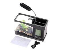Pssopp Acuario de Escritorio USB LED con Bolígrafo Multifuncional para Pecera, Contenedor con Pantalla LCD, Caja de Almacenamiento de Reloj para Decoración de Hogar y Oficina (Black)
