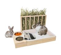 Pssopp Animales Establecimiento de Alimentos Manger de Heno, Establo y Seguridad 3 en 1 Alimentador de Heno de Conejos con Caja de Estadio y 2 Tazones para Conejillos de Indilla