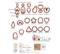 Pssopp Juego de 142 Cortadores de Arcilla Polimérica, Kit de Moldes para Aretes de Arcilla con Aretes Dorados, Ganchos para las Orejas, Tarjetas Kraft para (142 piezas de cortador de plástico rojo