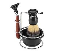 Pssopp Kit de Afeitado de 4 Piezas, Maquinilla de Afeitar Manual con de Madera, Juego de Brochas de Afeitar y Soporte de Acero Inoxidable para Hombres