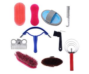 Pssopp Kit de Aseo para Caballos, 10 Piezas de Herramientas de Limpieza de Caballos de Madera de Silicona con Peine de Curry, Raspador de Sudor, 5 Cepillos para el Cuidado de Ponis, Principiantes, Uso