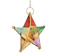 Pssopp Linterna marroquí de Estrella, Portavelas Colgante de Cristal Colorido, Lámpara Decorativa Vintage para Uso en el Jardín y el Patio (Gold)