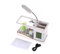 Pssopp Mini Pecera de Acuario USB con Reloj con Pantalla Digital LCD y Luz LED Colorida para Decoración de Escritorio, Almacenamiento de Bolígrafos (White)