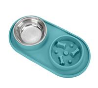 Pssopp Pets Juego de Cuencos para Perros, Alfombrilla Antideslizante de Silicona con Cuencos Dobles de Acero Inoxidable para Comida y Agua, Ideal para Perros y Gatos, Comedero Lento 3 en 1 para