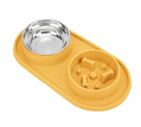 Pssopp Pets Juego de Cuencos para Perros, Alfombrilla Antideslizante de Silicona con Cuencos Dobles de Acero Inoxidable para Comida y Agua, Ideal para Perros y Gatos, Comedero Lento 3 en 1 para