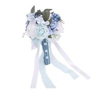 Pssopp Ramo de Novia Flor Artificial Boda Seda Rosa Arreglo Floral 30 Cm 11,8 Pulgadas Azul Blanco con Cinta de Tela Tallos Flexibles para Fotografía Nupcial Ceremonia Dama de