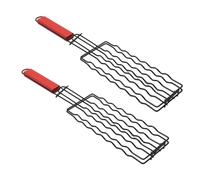 Pssopp Soportes para Parrillas para Barbacoa, de Madera Ergonómico Resistente Al Calor, Cesta Segura para Parrilla de Salchichas para Cocinar Barbacoa, 2 Piezas, Abrazadera de Malla para para Asar