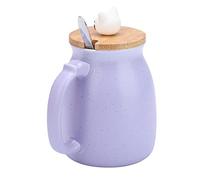 Pssopp Taza de Cerámica para Gatos, Linda Taza de café de 420 Ml con Tapa y Cuchara de Madera, Liso y Patrón de Gato, de té de Cerámica para Amantes del té, Uso en el Escritorio de la Oficina en