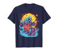 Psychedelic Groovy Skeleton Music Festival Guitar Rock God Camiseta, Hombre, Azul Marino, XXL