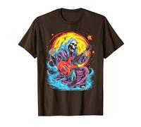 Psychedelic Groovy Skeleton Music Festival Guitar Rock God Camiseta, Hombre, Marrón, XXL