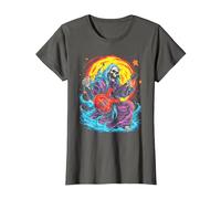 Psychedelic Groovy Skeleton Music Festival Guitar Rock God Camiseta, Mujer, Asfalto, XXL