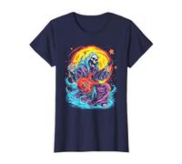 Psychedelic Groovy Skeleton Music Festival Guitar Rock God Camiseta, Mujer, Azul Marino, L