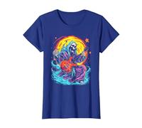 Psychedelic Groovy Skeleton Music Festival Guitar Rock God Camiseta, Mujer, Azul Real, L