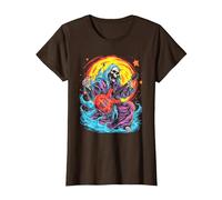 Psychedelic Groovy Skeleton Music Festival Guitar Rock God Camiseta, Mujer, Marrón, S