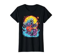 Psychedelic Groovy Skeleton Music Festival Guitar Rock God Camiseta, Mujer, Negro, XS