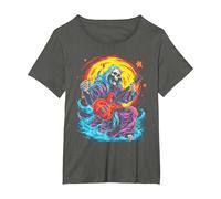 Psychedelic Groovy Skeleton Music Festival Guitar Rock God Camiseta, Mujer Tallas Grandes, Asfalto, 6XL Grande