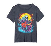 Psychedelic Groovy Skeleton Music Festival Guitar Rock God Camiseta, Mujer Tallas Grandes, Azul Jaspeado, 2XL Grande