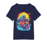 Psychedelic Groovy Skeleton Music Festival Guitar Rock God Camiseta, Mujer Tallas Grandes, Azul Marino, 2XL Grande