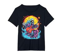 Psychedelic Groovy Skeleton Music Festival Guitar Rock God Camiseta, Mujer Tallas Grandes, Negro, 1XL Grande