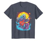 Psychedelic Groovy Skeleton Music Festival Guitar Rock God Camiseta, Niños, Azul Jaspeado, 10 años