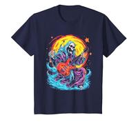 Psychedelic Groovy Skeleton Music Festival Guitar Rock God Camiseta, Niños, Azul Marino, 3 años