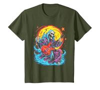 Psychedelic Groovy Skeleton Music Festival Guitar Rock God Camiseta, Niños, Verde Oliva, 6 años