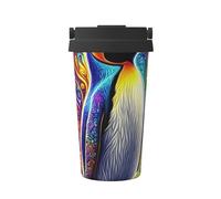 Psychedelic Penguin - Taza de café aislada con tapa, vaso de viaje de acero inoxidable a prueba de fugas