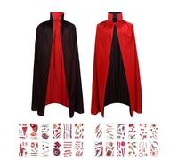 PTBWS Capa de Vampiro Dracula para Halloween Con 30 Tatuajes, Reversible Negro Rojo, para Fiestas Temáticas y Bailes de Máscaras (90 cm) (A)