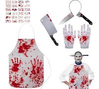 PTBWS Disfraz de Carnicero de Halloween 5 piezas, con Delantal Sangriento, Cuchillo Diadema, Guantes, Póquer Sangriento, Accesorio Sangriento Perfecto, para Disfraces y Fiestas Espeluznantes