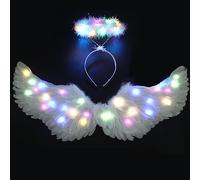 Ptesuply Alas de ángel, alas de ángel iluminadas y halo con luces LED, 3 modos de luz, ángel blanco para Halloween, disfraz de Navidad, fiesta de cosplay (grande, colorido)