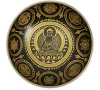 Ptiparis - Cuenco tibetano, 15 cm, diseño budista y mandalas dorado sobre negro, artesanía nepalí