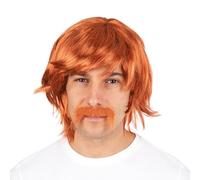 P'tit Clown 51921 - Peluca de años 70's, 80's con Bigote - 70's, 80's Wig Carnaval, Fiestas temáticas, Fiestas de Disfraces, veladas de Disfraces - Cabello sintético - Adulto - Rojo