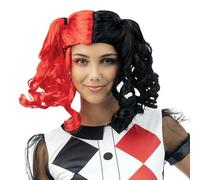 P'TIT CLOWN Peluca Arlequín para mujer, con edredones, pelo sintético, perfecto para disfraz de Halloween, carnaval, fiestas de disfraces y eventos temáticos, sin pegamento (negro, rojo)