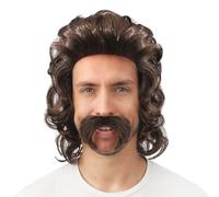 P'TIT CLOWN - Peluca de longitud media con bigote - Accesorio de disfraz para carnaval, fiestas temáticas, noches de disfraces, cosplay, manga, Halloween - Pelo sintético (marrón)
