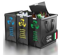 PTMS® Cubos de basura cocino con TAPA - 3 Cubos de basura de reciclaje para vidrio, papel y plástico - Bolsas reciclaje en colores estándar - Papelera cocina fácil de vaciar - Cubo basura cocina