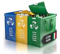 PTMS® Cubos de basura cocino con TAPA - 3 Cubos de basura de reciclaje para vidrio, papel y plástico - Bolsas reciclaje en colores estándar - Papelera cocina fácil de vaciar - Cubo basura cocina