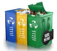 PTMS® Cubos de basura cocino MINI con TAPA - 3 Cubos de basura de reciclaje para vidrio, papel y plástico - Bolsas reciclaje en colores estándar - Papelera cocina fácil de vaciar