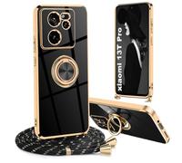 Ptny Funda para Xiaomi 13T/ Xiaomi 13T Pro con Cuerda, Funda con Soporte de Anillo magnético 360, TPU Suave Silicona diseño con Chapado en Oro, Carcasa con Colgante Ajustable Collar Correa, Negro