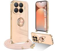 Ptny Funda para Xiaomi 15T Pro con Cuerda, Funda con Soporte de Anillo, TPU Suave Silicona diseño con Chapado en Oro, Carcasa con Colgante Ajustable Collar Correa, Oro Rosa