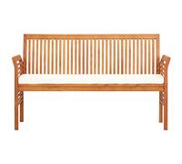 PTUGUOF Banco de jardín de 3 plazas con cojín de 150 cm, madera de acacia sólida, acabado de aceite natural, almohadilla de asiento resistente al agua, fácil montaje